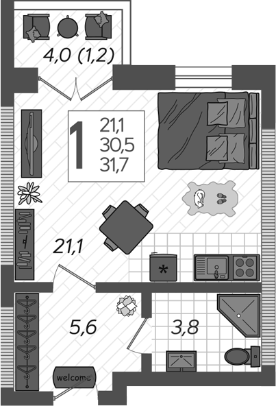 Студия, 30.5 м², 7/12 этаж, ЖК «Летний»