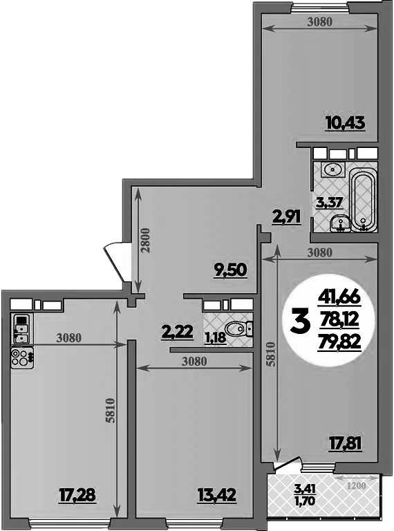 3-комн., 78.12 м², 7/9 этаж, ЖК «Романовский»