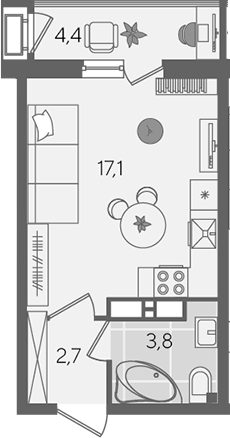 Студия, 23.6 м², 13/24 этаж, ЖК «Рекорд»