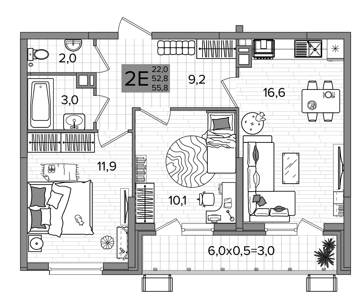 3-комн., 52.8 м², 4/16 этаж, ЖК «Сармат»