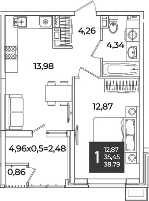 1-комн., 35.45 м², 5/18 этаж, ЖК «Образцово»