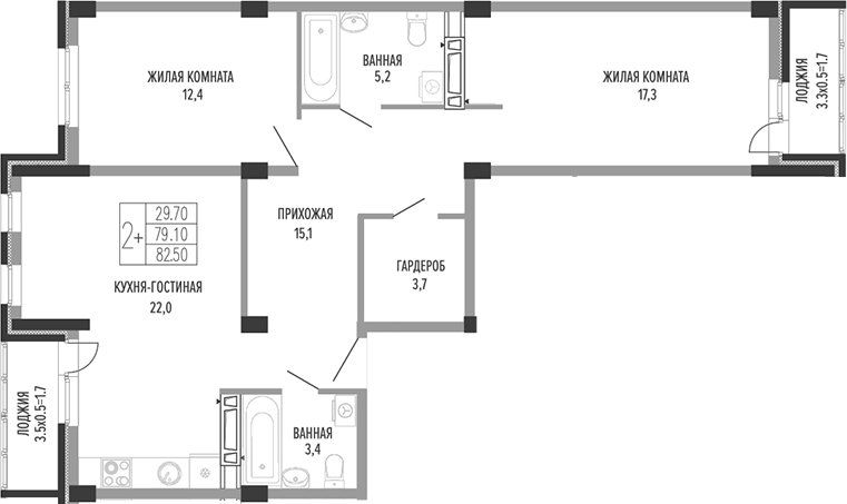 3-комн., 79.1 м², 2/3 этаж, ЖК «Екатерининский парк»