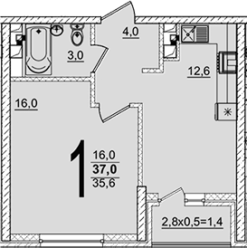 1-комн., 35.6 м², 1/19 этаж, ЖК «Грани»