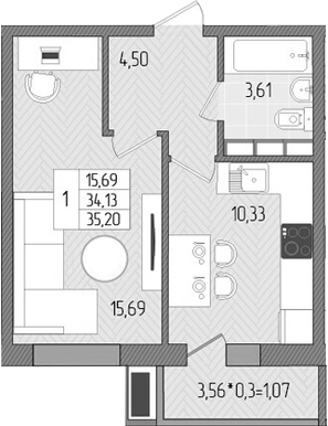 1-комн., 34.13 м², 5/8 этаж, ЖК «Сады у моря»