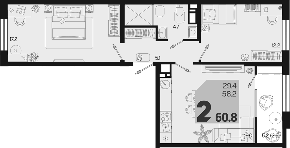 2-комн., 58.2 м², 13/18 этаж, ЖК «Первое место»