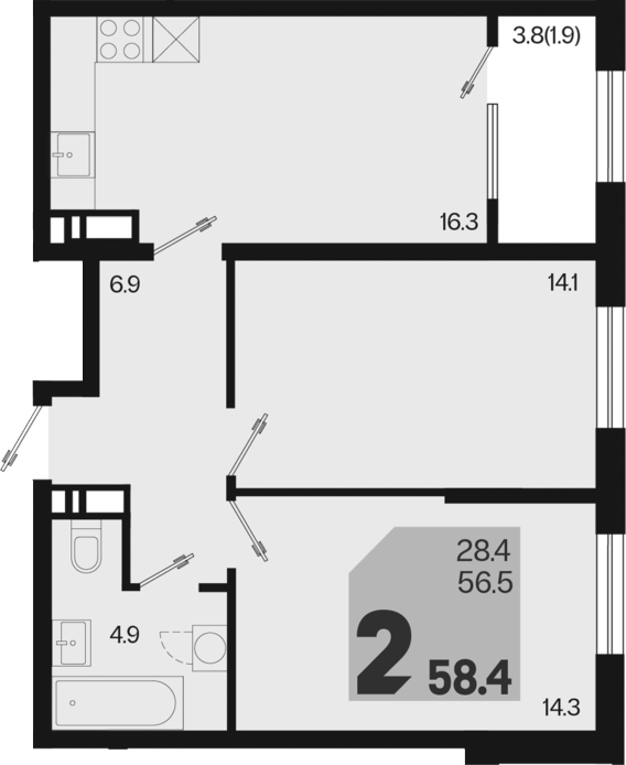 2-комн., 56.5 м², 13/18 этаж, ЖК «Первое место»