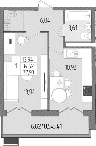 1-комн., 34.52 м², 7/8 этаж, ЖК «Сады у моря»