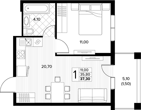 1-комн., 35.8 м², 7/7 этаж, ЖК «Кипарис»
