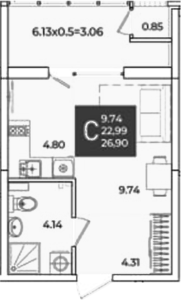 Студия, 22.99 м², 2/18 этаж, ЖК «Образцово»