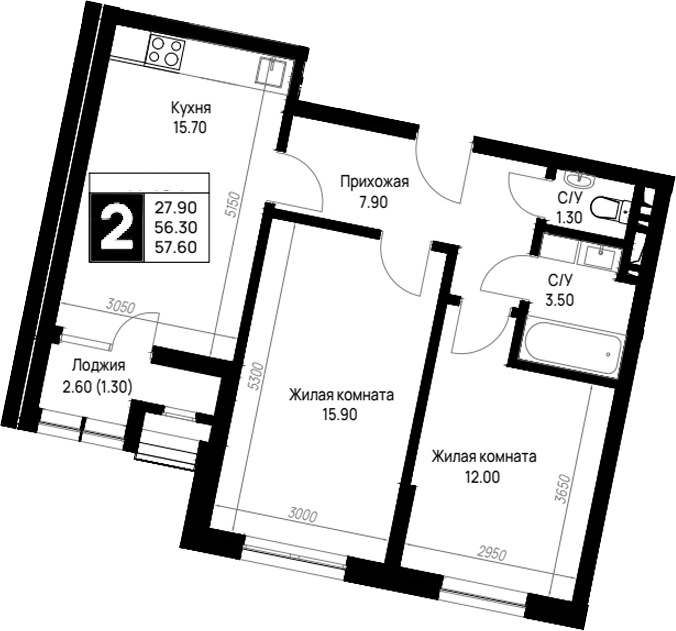 2-комн., 56.3 м², 3/12 этаж, ЖК «На высоком берегу»