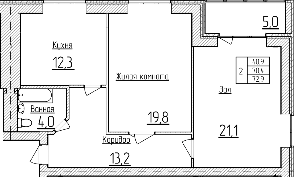 2-комн., 70.4 м², 5/5 этаж, ЖК «Фестивальный»