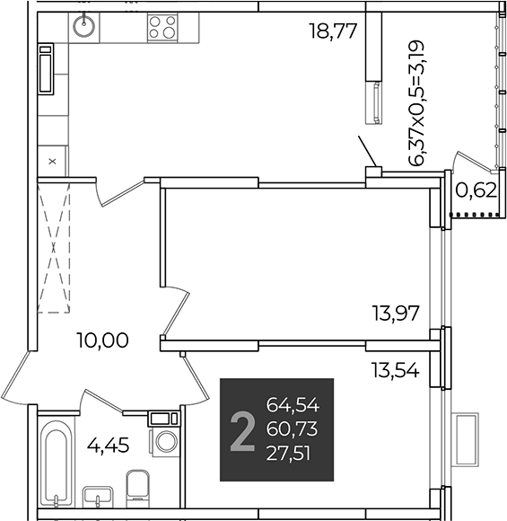 2-комн., 60.73 м², 11/21 этаж, ЖК «Образцово»