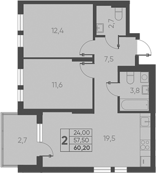 2-комн., 57.5 м², 9/15 этаж, ЖК «Барса»