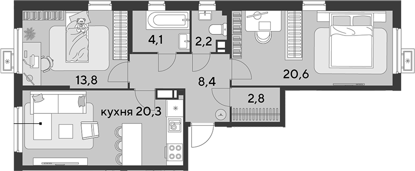 3-комн., 72.2 м², 16/18 этаж, ЖК «Парк Победы»
