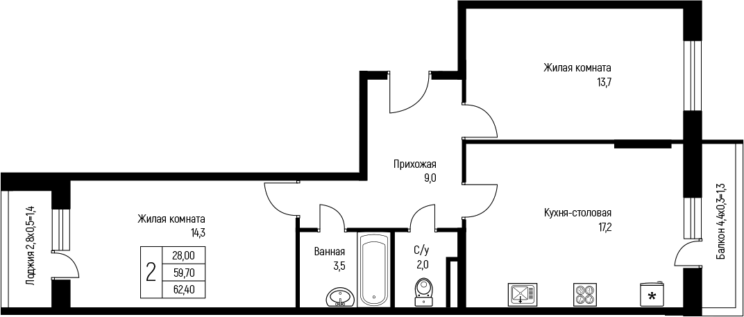 2-комн., 59.7 м², 3/3 этаж, ЖК «Nova Vita»