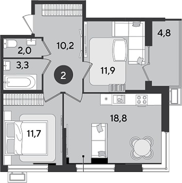 2-комн., 57.9 м², 2/9 этаж, ЖК «Парк Победы»
