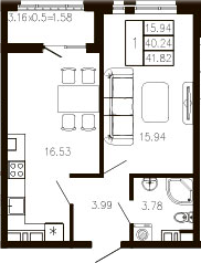 1-комн., 40.22 м², 3/9 этаж, ЖК «Суворов»