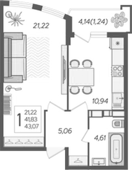 1-комн., 40.76 м², 16/20 этаж, ЖК «Альфа. АСК»