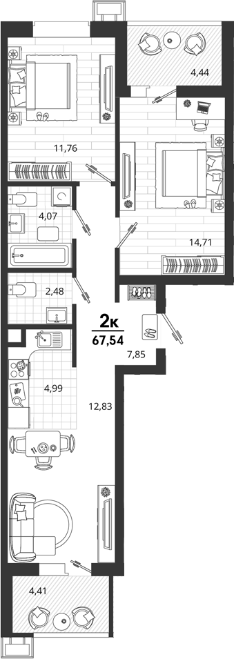2-комн., 58.69 м², 2/18 этаж, ЖК «Родные Просторы»