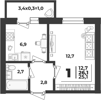 1-комн., 25.1 м², 2/5 этаж, ЖК «Дарград»