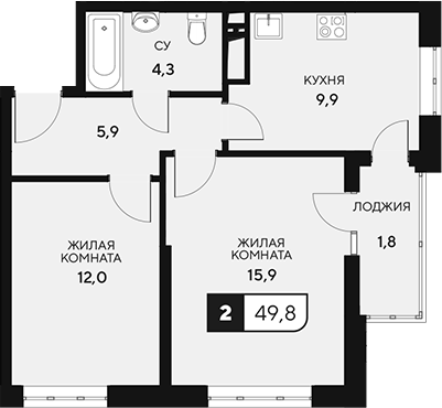 2-комн., 48 м², 13/15 этаж, ЖК «18/3»