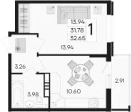1-комн., 31.78 м², 4/9 этаж, ЖК «Дом 101»