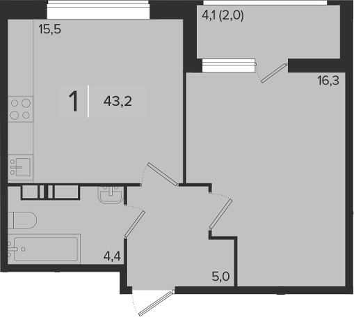 1-комн., 41.2 м², 13/18 этаж, ЖК «Эрмитаж»