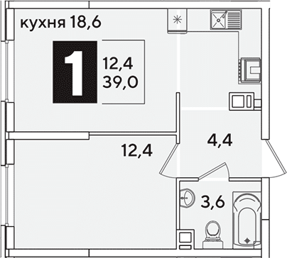 2-комн., 39 м², 3/16 этаж, ЖК «Самолет»