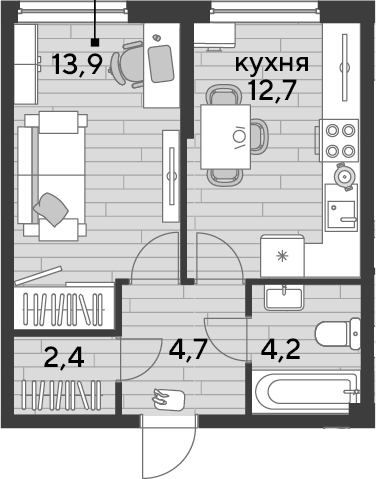 1-комн., 37.9 м², 2/16 этаж, ЖК «DОГМА ПАРК»