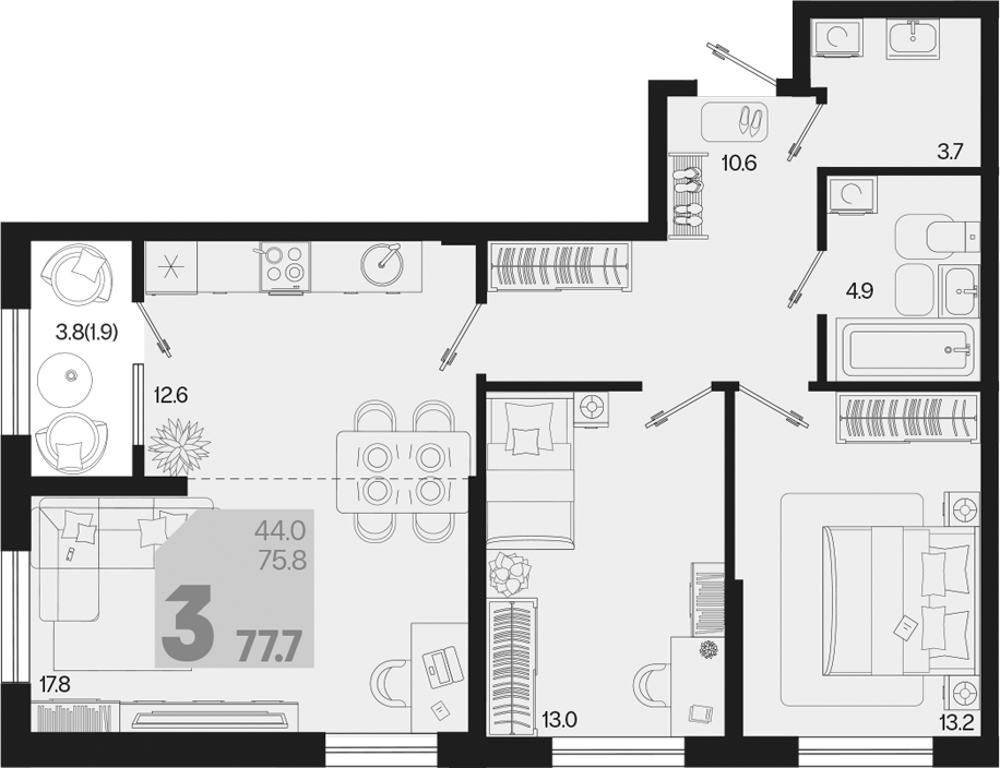 3-комн., 75.8 м², 2/18 этаж, ЖК «Первое место»