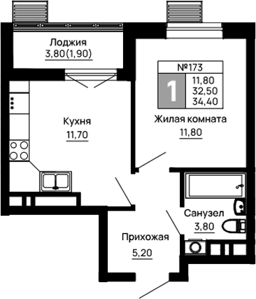 1-комн., 32.5 м², 7/9 этаж, ЖК «Традиции»