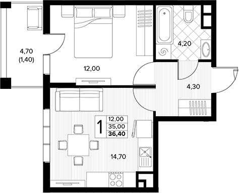 1-комн., 35 м², 3/7 этаж, ЖК «Кипарис»