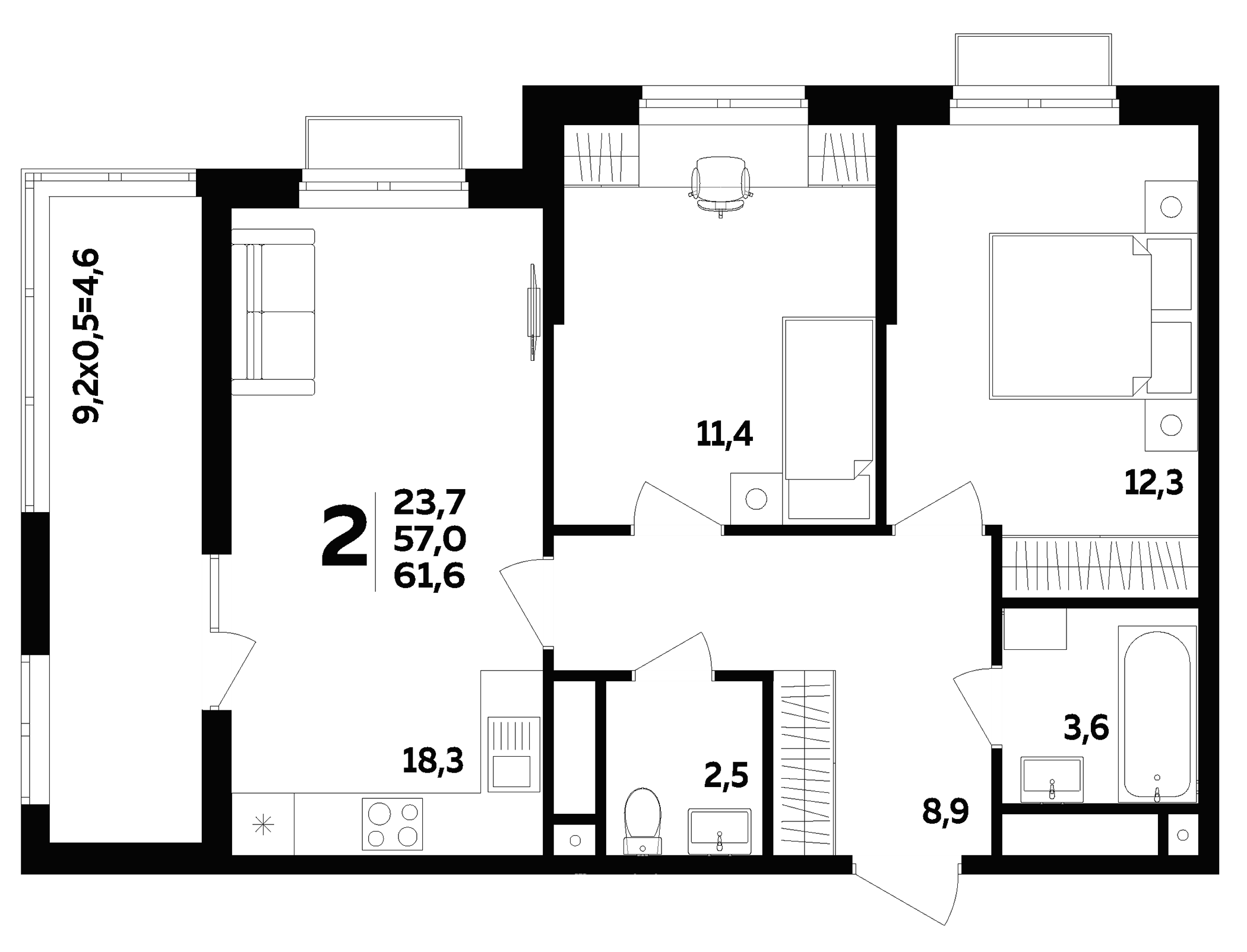 2-комн., 57 м², 9/16 этаж, ЖК «МегаСити»