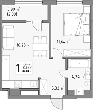 1-комн., 37.58 м², 10/15 этаж, ЖК «Коллекция»