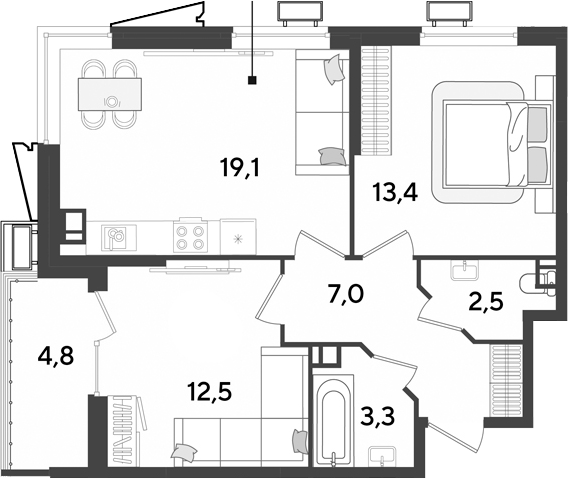 3-комн., 57.8 м², 3/9 этаж, ЖК «Парк Победы»