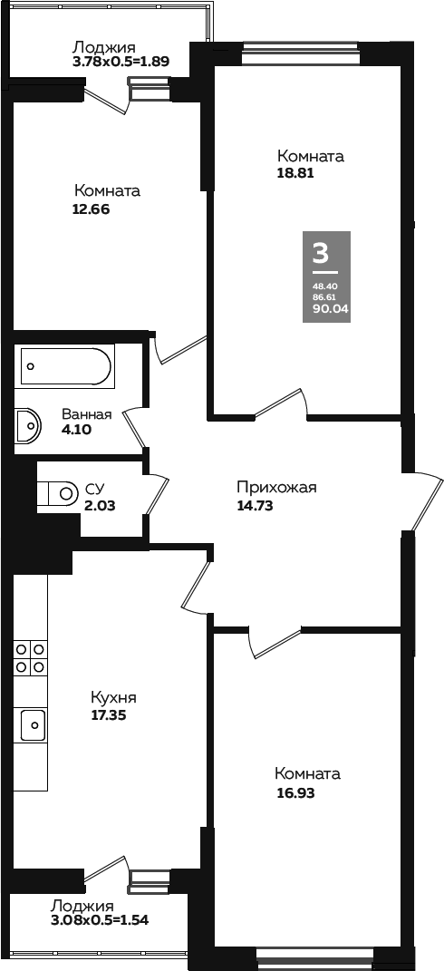 3-комн., 83.47 м², 9/24 этаж, ЖК «Левада»