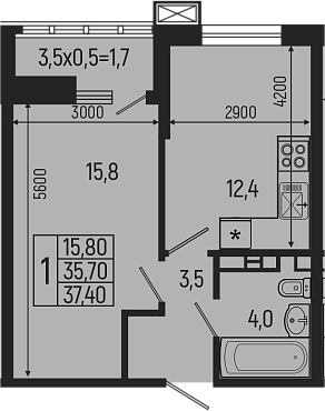 1-комн., 35.7 м², 4/9 этаж, ЖК «Звезды»