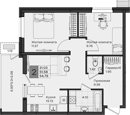 2-комн., 51.58 м², 2/8 этаж, ЖК «МОНО квартал»
