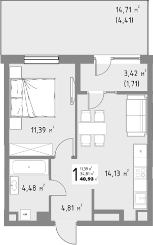 1-комн., 34.81 м², 3/9 этаж, ЖК «Коллекция»