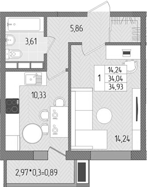 1-комн., 34.04 м², 8/8 этаж, ЖК «Сады у моря»