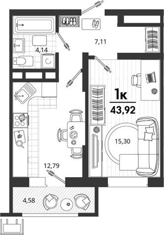 1-комн., 39.34 м², 5/18 этаж, ЖК «Родные Просторы»