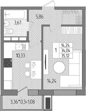 1-комн., 34.04 м², 3/8 этаж, ЖК «Сады у моря»
