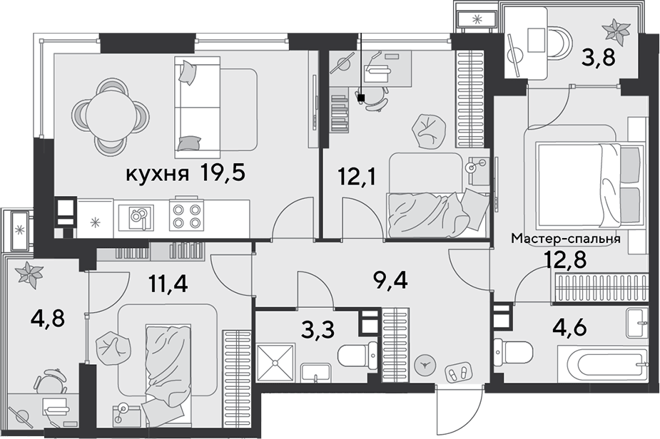 4+ комнаты, 73.1 м², 3/9 этаж, ЖК «Парк Победы»