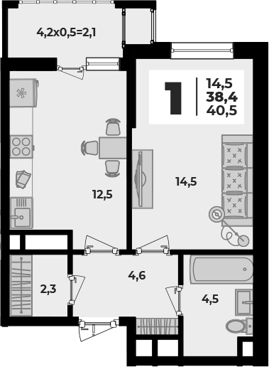 1-комн., 38.4 м², 5/8 этаж, ЖК «Родной дом 5»