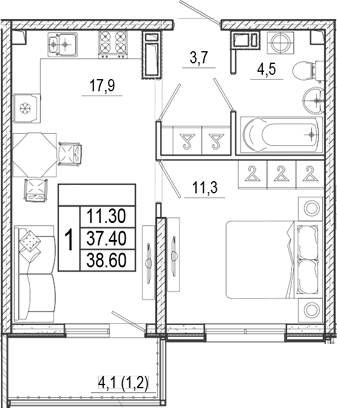 2-комн., 37.4 м², 13/15 этаж, ЖК «Лестория»