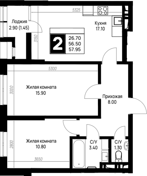 2-комн., 56.5 м², 9/12 этаж, ЖК «На высоком берегу»