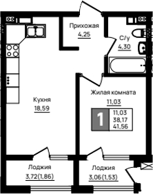 1-комн., 38.17 м², 2/18 этаж, ЖК «Резиденция морей»