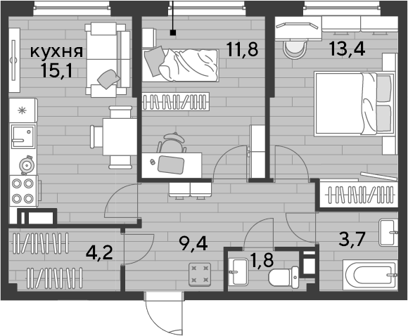 2-комн., 59.4 м², 11/16 этаж, ЖК «DОГМА ПАРК»