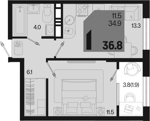 1-комн., 34.9 м², 3/18 этаж, ЖК «Первое место»
