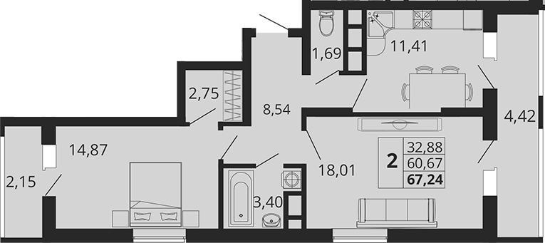 2-комн., 60.67 м², 9/18 этаж, ЖК «Родные Просторы»